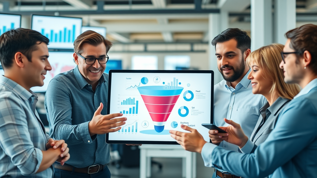 Business professionals collaborating around a digital sales funnel, discussing how to move leads through a funnel, with charts and strategy on display.