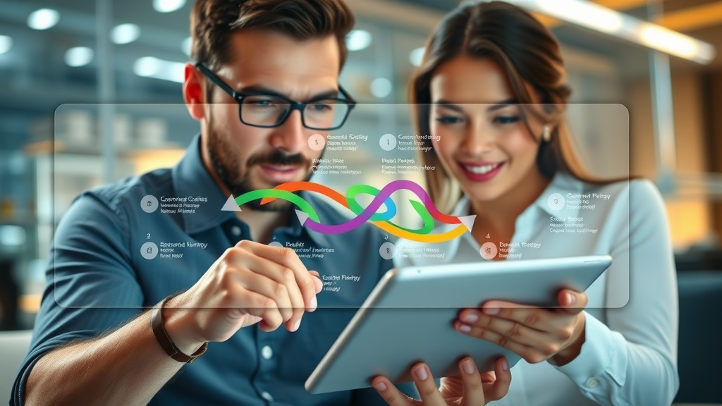 Modern diagram overlay of a customer journey map, digital device, steps for how to move leads through a funnel.