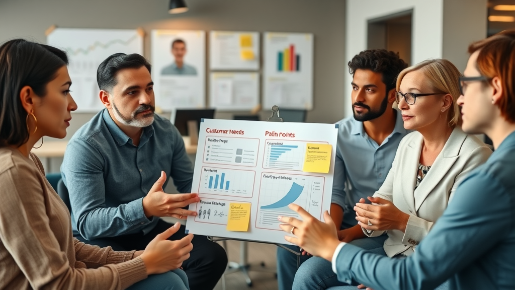 Diverse focus group discussing customer needs and pain points, lead gen strategies for how to move leads through a funnel.