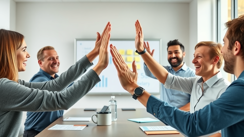 Marketing and sales teams in a lively meeting, collaborating to move leads through the sales funnel efficiently.