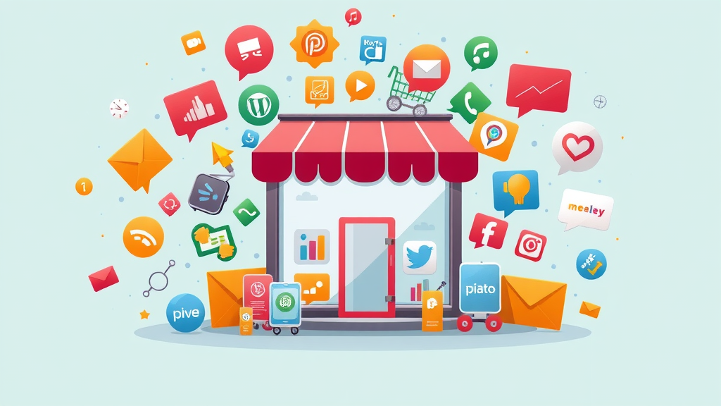 marketing channel icons for ecommerce growth surrounding digital storefront