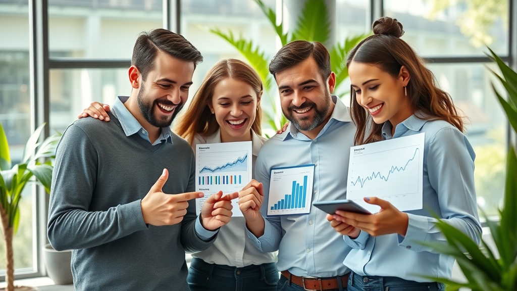 Small business team collaborating over social media analytics for rapid social media growth in a modern office