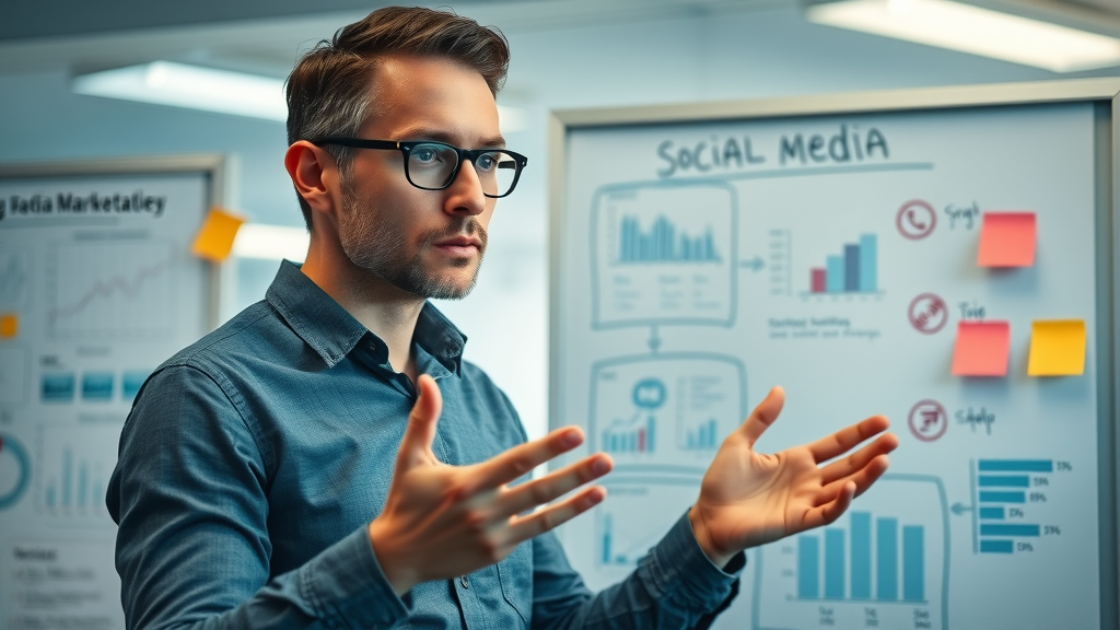 Marketer mapping out a successful social media strategy for small business growth on a whiteboard