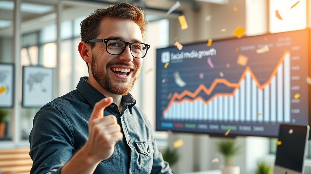 Business owner celebrating social media growth with upward trending charts and confetti