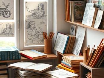 thought-provoking creation inspiration, visionary, sketching ideas, photorealistic, quiet study corner with books and sketches, highly detailed, creative doodles, saturated colors, gentle morning light, shot with an 85mm lens.