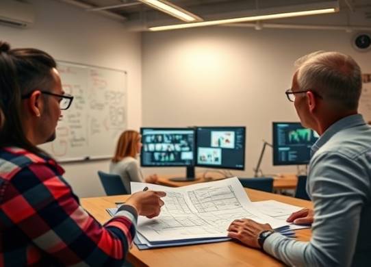 strategic content strategy, contemplative, drafting plans, photorealistic, bustling co-working environment with whiteboards, highly detailed, visualized data on monitors, sharp contrasts, warm tones, overhead lighting, shot with a 24-70mm lens.