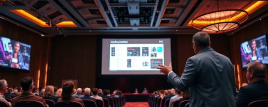 dynamic content presentation, persuasive, showcasing project, photorealistic, conference hall with a large screen, highly detailed, captivating slideshows, bold colors, spotlighting, shot with a 70-200mm lens.