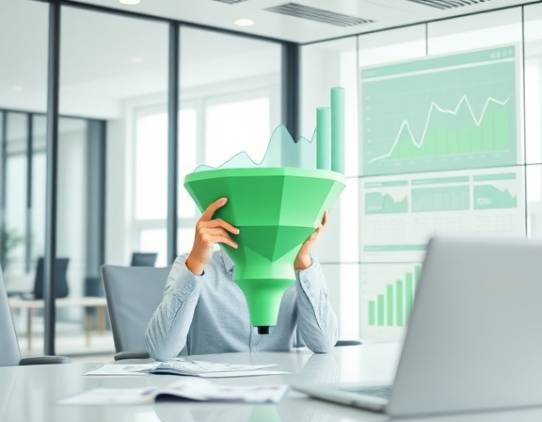 strategic lead funnel, thoughtful, analyzing data charts, photorealistic, in a bright conference room with glass walls, highly detailed, moving graphs, 8K resolution, crisp white and green, daylight illumination, shot with a 50mm prime lens.
