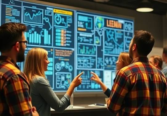 collaborative lead growth, inspired, brainstorming in a tech environment, photorealistic, amidst interactive smart boards, highly detailed, animated flow charts, HDR resolution, earthy tones, diffused lighting, shot with a macro lens.