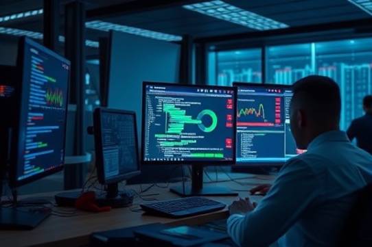 state-of-the-art website performance, enhancing, speeding up loading time, photorealistic, IT department with developers focused on screens, highly detailed, moving data across screens, 8k resolution, cool tones, diffused lighting, shot with a telephoto lens