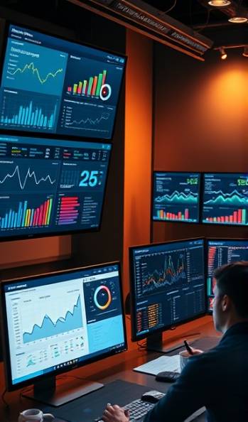 robust website analytics, evaluating, extracting insights, photorealistic, analytics firm with multiple screens showcasing dashboards, highly detailed, animated infographics, 4k quality, warm tones, overhead lighting, shot with a prime lens
