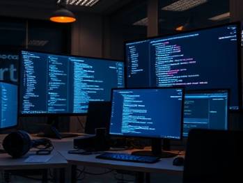 innovative website testing, testing, identifying issues, photorealistic, tech lab with testing tools and developers, highly detailed, flickers of code on screens, HD resolution, cool and warm contrast, spotlight lighting, shot with a tilt-shift lens