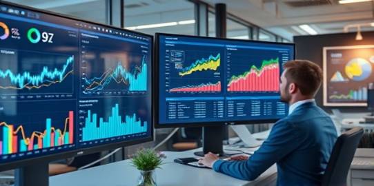 in-depth marketing analytics, comprehensive, presenting trend analysis, photorealistic, corporate environment with detailed charts on screens, highly detailed, data flow animations, clear visuals, professional colors, bright office lighting, shot with a 24mm lens