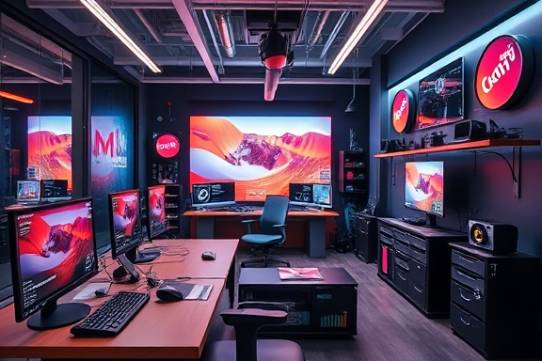 advanced marketing tools, versatile, showcasing adaptability, photorealistic, modern workspace with cutting-edge gadgets, highly detailed, holographic displays, precise imaging, vibrant palette, overhead lighting, shot with a 50mm lens