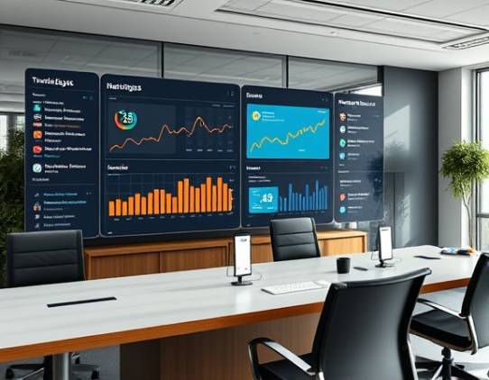 trending marketing dashboard, adaptive, showing competitive analysis, photorealistic, sophisticated office environment with touch-screen panels, highly detailed, multimedia feeds, crisp visuals, sleek design, natural daylight, shot with a 24-70mm lens