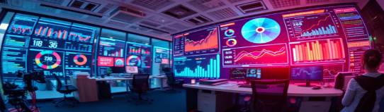 predictive marketing analytics, analytical, forecasting potential outcomes, photorealistic, virtual office with augmented reality data points, highly detailed, moving graphs, clear focus, tech-inspired hues, ambient lighting, shot with a fisheye lens