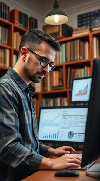 analytical marketing analysis, concentrated expression, reviewing data, photorealistic, cozy office surrounded by bookshelves, highly detailed, graphs and charts displayed on monitors, high clarity image, muted colors, overhead lighting, shot with a 100mm lens