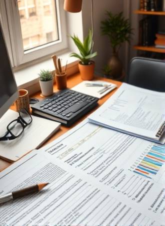 meticulous marketing plan, intentional expression, writing strategies, photorealistic, clean workspace with natural theme, highly detailed, documents scattered on desk, high definition, earthy tones, ambient window lighting, shot with a macro lens