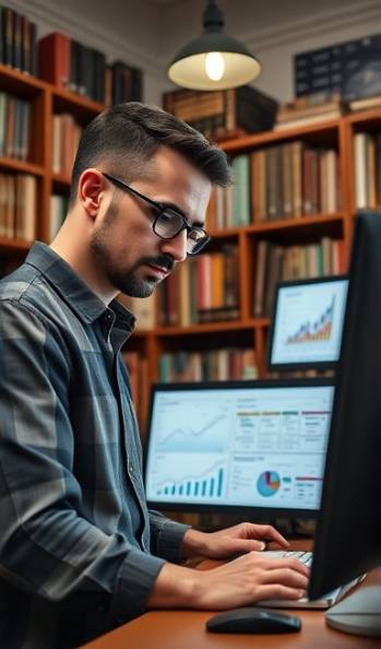 analytical marketing analysis, concentrated expression, reviewing data, photorealistic, cozy office surrounded by bookshelves, highly detailed, graphs and charts displayed on monitors, high clarity image, muted colors, overhead lighting, shot with a 100mm lens
