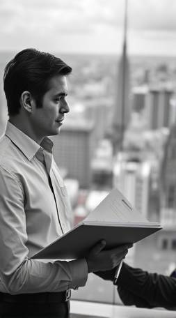 insightful marketing advisor, reflective expression, providing guidance, photorealistic, corporate office overlooking the city, highly detailed, planner and pen in hand, crisp and clear, monochrome filter, spotlight lighting, shot with an 85mm lens