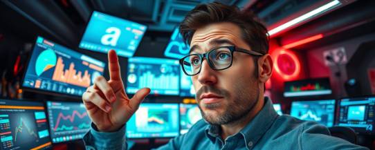 innovative marketing analysis, curious expression, exploring trends, photorealistic, futuristic office with tech gadgets, highly detailed, interactive digital screens displayed, perfect HQ, neon accents, low-key lighting, shot with a fisheye lens