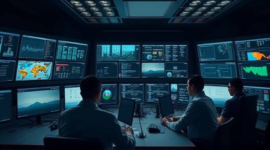 dynamic content distribution, seamless, coordinating tasks, photorealistic, high-tech command center with multiple dashboard monitors, highly detailed, individuals monitoring data flow, muted tones, dim task lighting, shot with a 24mm lens.