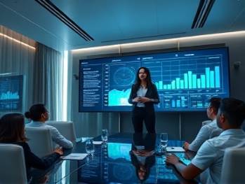 strategic content marketing, analytical, presenting findings, photorealistic, sleek conference room with graphs and charts, highly detailed, presenter gesturing towards a digital screen, cool tones, soft overhead lighting, shot with an 85mm lens.