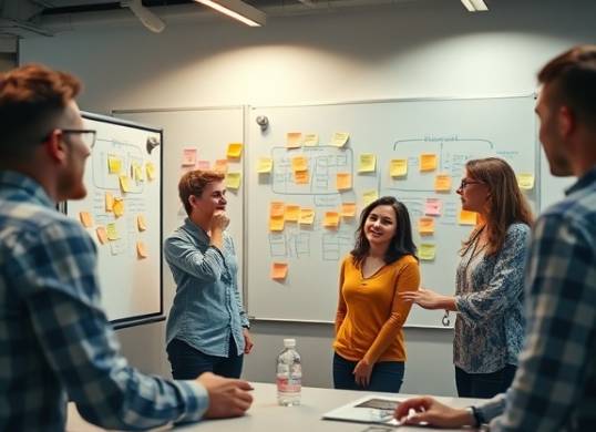engaging content creation, focused, brainstorming ideas, photorealistic, modern office with whiteboards and sticky notes, highly detailed, team members sharing ideas animatedly, harmonious colors, warm ambient lighting, shot with a 50mm lens.