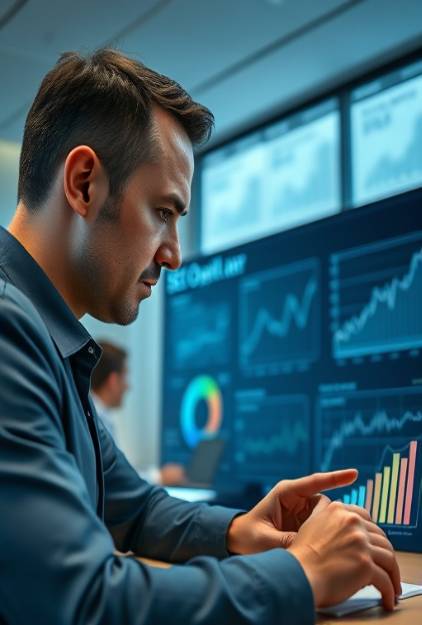 insightful SEO analytics, pensive expression, examining complex graphs, photorealistic, corporate boardroom with digital whiteboards, highly detailed, animated discussions, ultra HD, muted blue tones, focused overhead lighting, shot with an 85mm lens.