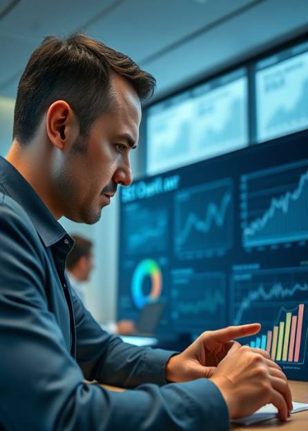 insightful SEO analytics, pensive expression, examining complex graphs, photorealistic, corporate boardroom with digital whiteboards, highly detailed, animated discussions, ultra HD, muted blue tones, focused overhead lighting, shot with an 85mm lens.