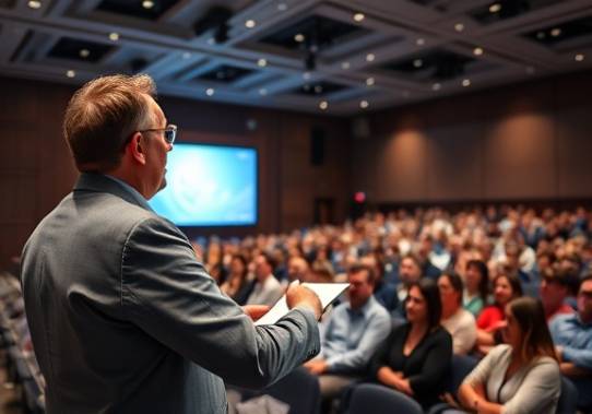 competitive SEO ranking, confident expression, presenting report findings, photorealistic, large lecture hall with projection screens, highly detailed, engaged audience, high-definition clarity, contrasting colors, bright stage lighting, shot with a 35mm lens.