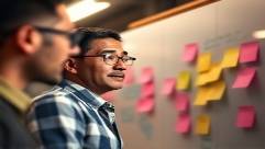 dynamic SEO strategy, focused and engaged expression, brainstorming on whiteboard, photorealistic, collaborative workspace with colorful post-it notes, highly detailed, creative energy, detailed depth of field, rich hues, diffuse lighting from overhead fixtures, shot with a 24mm lens.