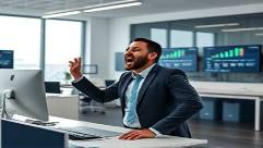 transformative SEO success, ecstatic expression, monitoring online metrics, photorealistic, minimalist office space with sleek furniture, highly detailed, quick-paced digital screens, realistic texture, teal accent color palette, indirect ambient light, shot with a 50mm lens.