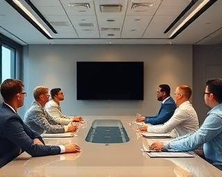 strategic SEO ranking, poised expression, leading a virtual seminar, photorealistic, sophisticated high-tech conference room with international participants, highly detailed, networking synergy, superior resolution, neutral color scheme, integrated conference lighting, shot with a 75mm lens.