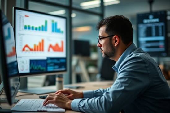 meticulous advertising budget, concentrated, planning resources, photorealistic, modern office with digital screens, highly detailed, charts and graphs, f/1.8 for selective focus, muted colors, soft ambient lighting, shot with a 50mm lens.