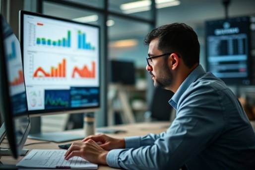 meticulous advertising budget, concentrated, planning resources, photorealistic, modern office with digital screens, highly detailed, charts and graphs, f/1.8 for selective focus, muted colors, soft ambient lighting, shot with a 50mm lens.