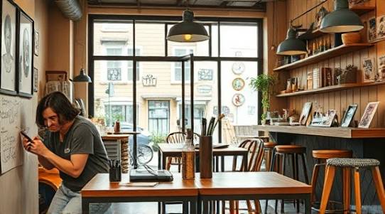 imaginative advertising creative, passionate, drafting stories, photorealistic, cozy café with sketchpads, highly detailed, conceptual doodles, f/14 for comprehensive depth, earthy colors, warm incandescent lighting, shot with a prime lens.