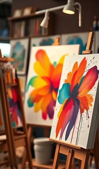 creative advertising creative, visionary, sketching concepts, photorealistic, artist's studio with colorful canvases, highly detailed, flowing creativity, ISO 400 for texture, bold colors, diffused natural light, shot with a macro lens.