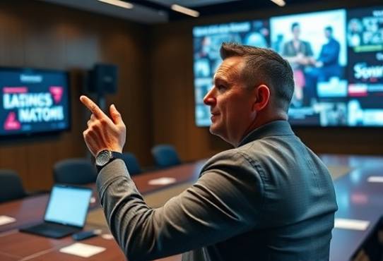 strategic advertising campaign, determined, directing the course, photorealistic, boardroom with interactive displays, highly detailed, dynamic presentations, f/5.6 for balanced depth, contrasting colors, spot lighting, shot with a panorama lens.