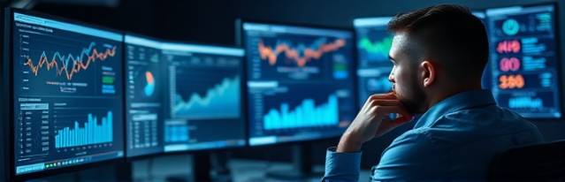 analytical advertising analysis, contemplative, evaluating data, photorealistic, tech-filled workspace with multiple monitors, highly detailed, graphs and analytics, f/2.8 for moderate blur, cool tones, bright task lighting, shot with a medium telephoto lens.