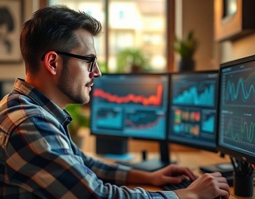 reputation specialist, focused, monitoring online reviews, photorealistic, cozy home office with multiple monitors displaying analytics, highly detailed, digital graphs and charts, medium DOF, warm earth tones, soft afternoon light, shot with a 35mm lens.