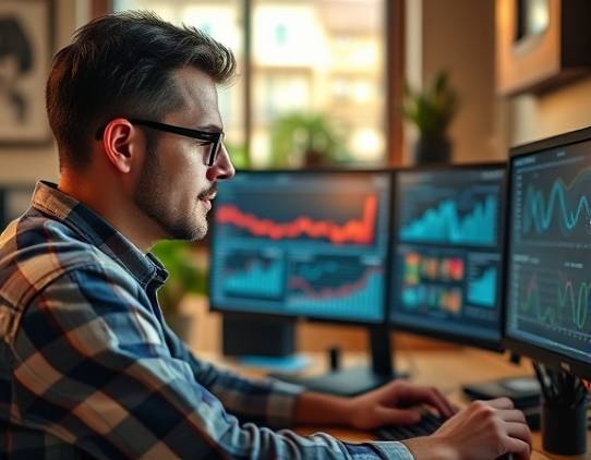 reputation specialist, focused, monitoring online reviews, photorealistic, cozy home office with multiple monitors displaying analytics, highly detailed, digital graphs and charts, medium DOF, warm earth tones, soft afternoon light, shot with a 35mm lens.