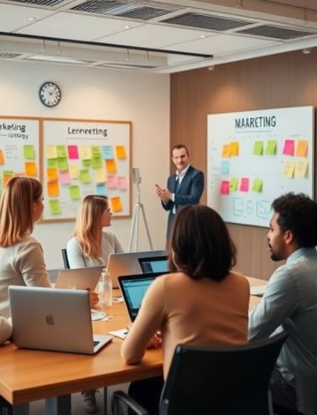 marketing team, collaborative, developing reputation strategy, photorealistic, spacious conference room with brainstorming boards, highly detailed, sticky notes and laptops, wide DOF, bright and neutral colors, natural light, shot with an 18mm lens.
