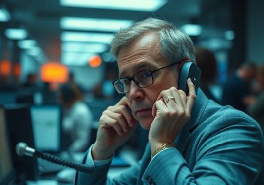 public relations expert, concerned, managing a reputation crisis, photorealistic, bustling newsroom environment, highly detailed, urgent phone calls and messages, shallow DOF, cool and muted tones, fluorescent lighting, shot with a 85mm lens.