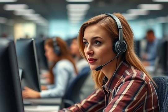 customer service agent, attentive, collecting feedback for reputation improvement, photorealistic, in a call center with a headset, highly detailed, filled with busy operators, narrow DOF, neutral tones, office lighting, shot with a 50mm lens.