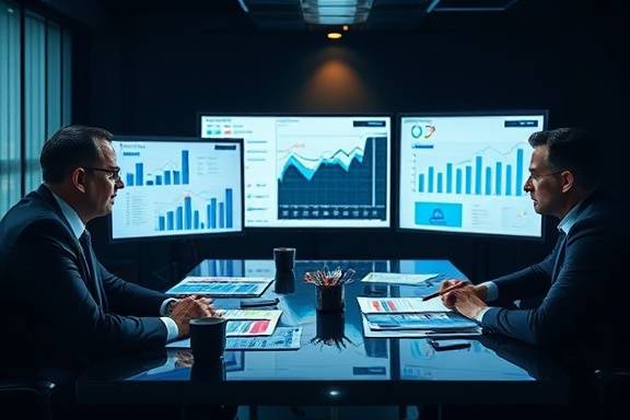 executive team, analytical, strategizing after a reputation setback, photorealistic, at a corporate meeting table with charts and graphs, highly detailed, intense focus on screens, wide DOF, formal dark tones, directed spotlights, shot with a 24mm lens.