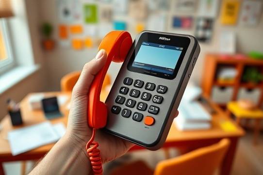 classic contact phone, vibrant, held by a hand in a cheerful office, photorealistic, background featuring a tidy desk with a variety of stationary, highly detailed, screen displaying contact details, realistic reflections and shadows, bold color palette, natural daylight, shot with a Nikon NIKKOR Z 35mm f/1.8 S lens.