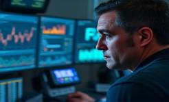 digital marketing insights, inquisitive expression, examining analytics, photorealistic, techy workspace with multiple monitors displaying data, highly detailed, interactive digital elements and graphs, crisp clarity, cool tones, evening indoor lighting, shot with a 35mm lens.