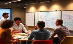 trending marketing solutions, innovative expression, brainstorming creative ideas, photorealistic, collaborative workspace with team members and creative boards, highly detailed, animated discussions and digital whiteboards, fine grain detail, warm colors, spotlight lighting, shot with a 24mm wide-angle lens.