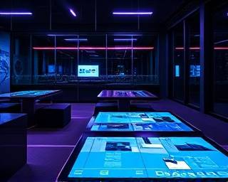 cutting-edge marketing techniques, thoughtful expression, crafting digital campaigns, photorealistic, sophisticated agency with sleek furniture and ambient lighting, highly detailed, interactive touch panels and digital pads, enhanced contrast, deep blues and purples, ambient LED lighting, shot with an 85mm prime lens.